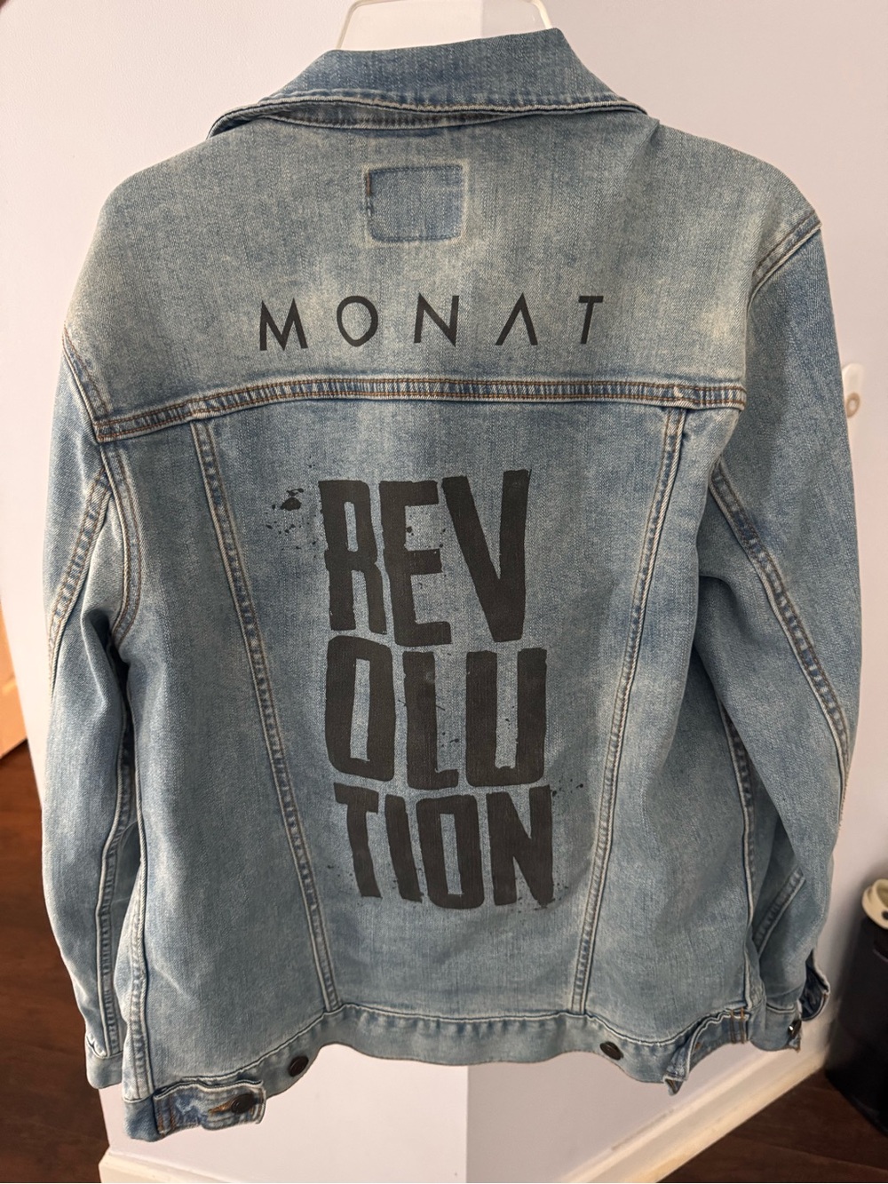 MONAT Light Blue Denim Jacket with 'REVOLUTION' Back Print